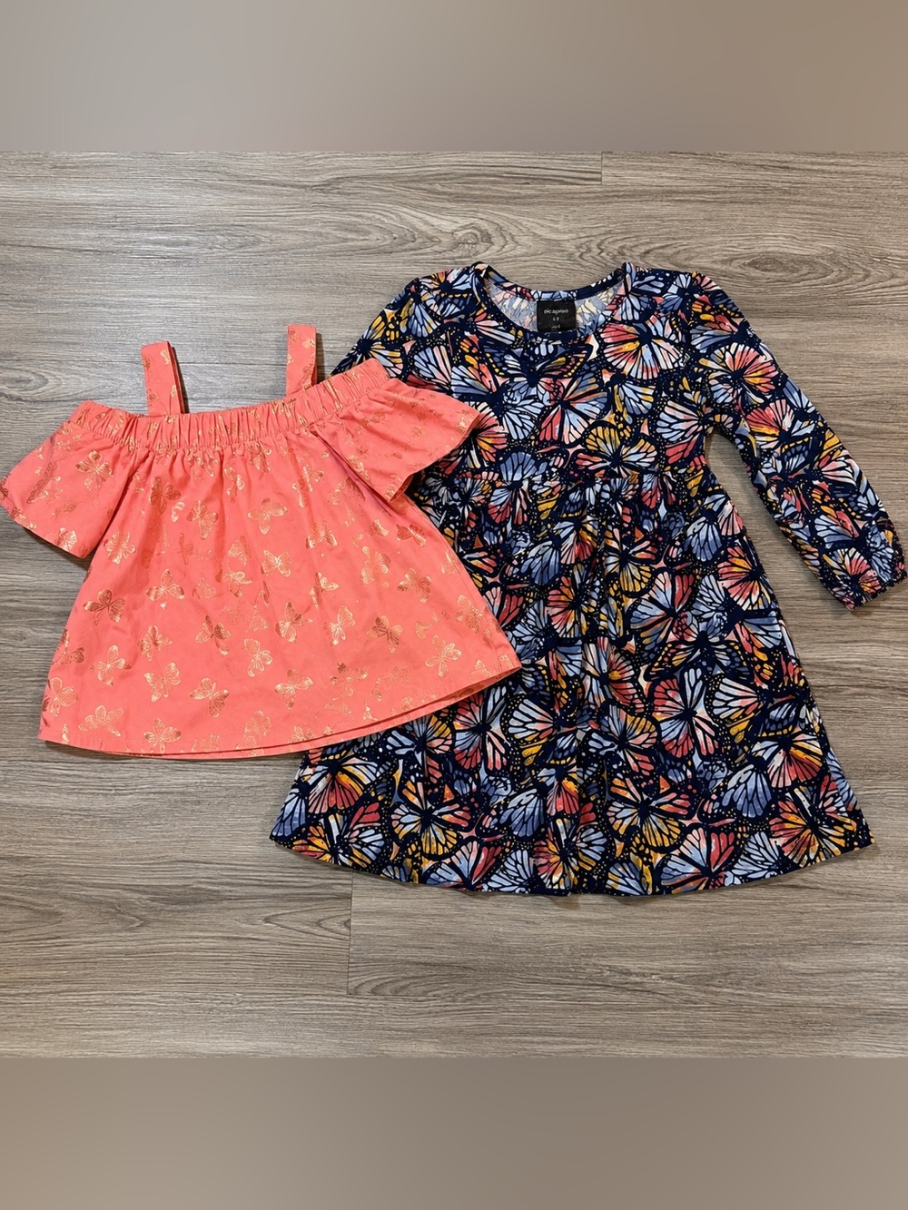 Picapino Girls 3T Butterfly Outfit Bundle Colorful Dress & Cold Shoulder Top